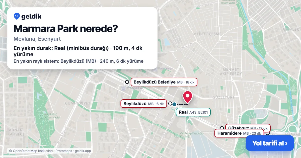 Where is Marmara Park: map with its location and the nearest stops, with walking times