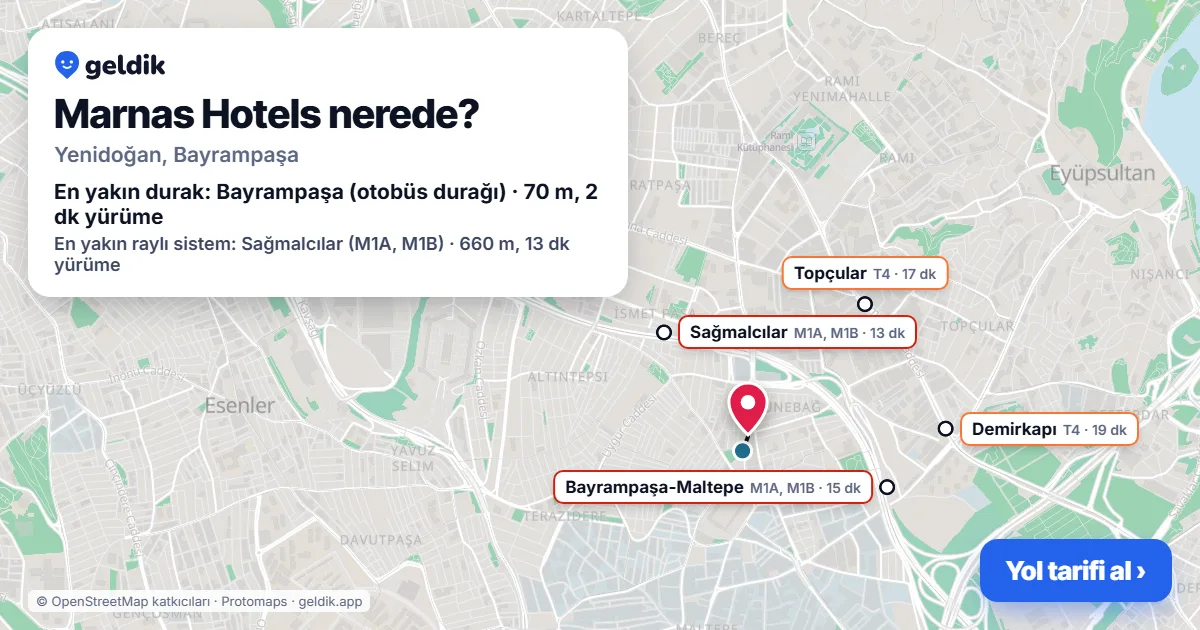 Marnas Hotels nerede: haritada konumu ve en yakın duraklar, yürüme süreleriyle