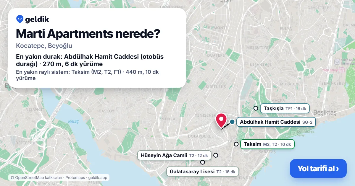 Marti Apartments nerede: haritada konumu ve en yakın duraklar, yürüme süreleriyle