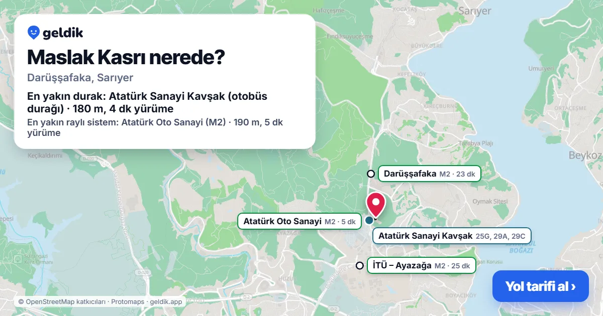 Maslak Kasrı nerede: haritada konumu ve en yakın duraklar, yürüme süreleriyle