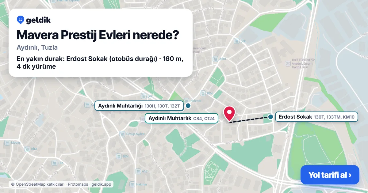 Where is Mavera Prestij Evleri: map with its location and the nearest stops, with walking times