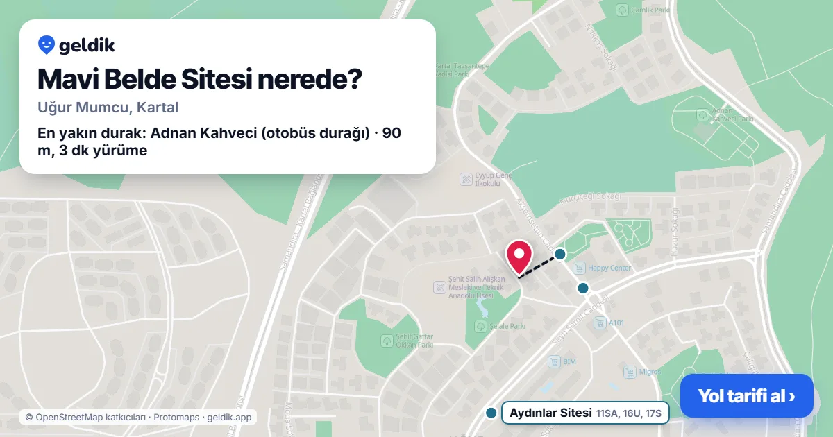 Where is Mavi Belde Sitesi: map with its location and the nearest stops, with walking times