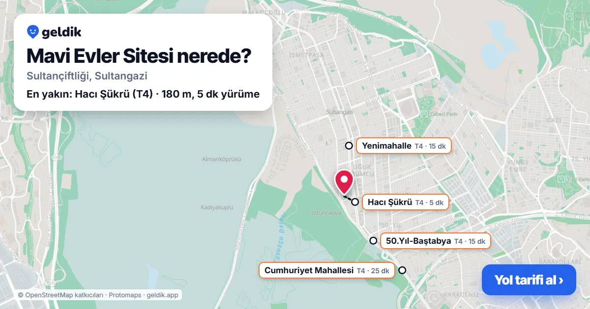 Mavi Evler Sitesi nerede: haritada konumu ve en yakın duraklar, yürüme süreleriyle