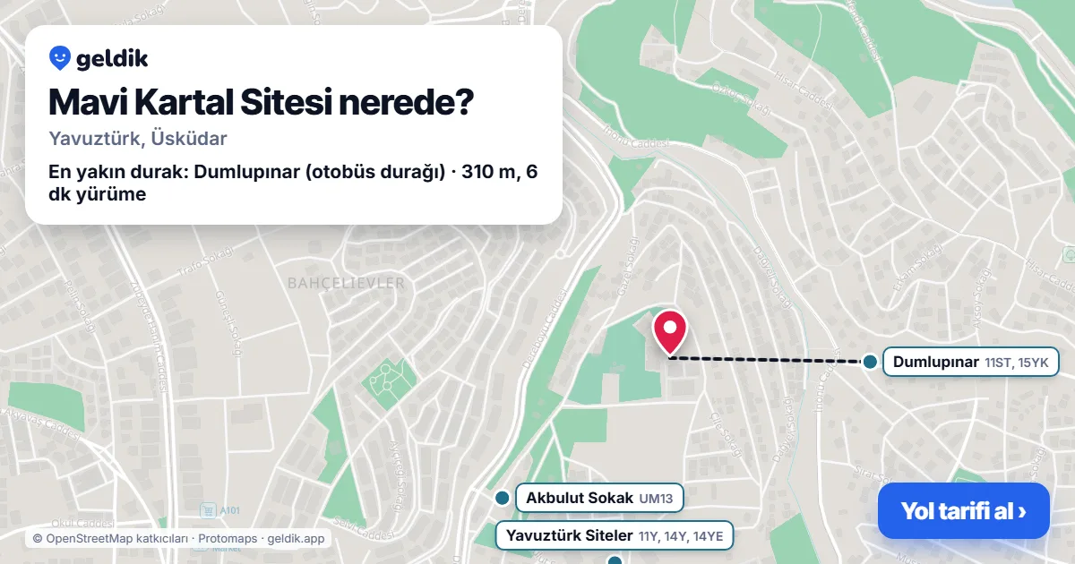 Mavi Kartal Sitesi nerede: haritada konumu ve en yakın duraklar, yürüme süreleriyle