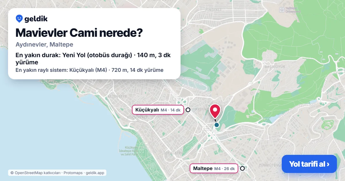 Where is Mavievler Cami: map with its location and the nearest stops, with walking times