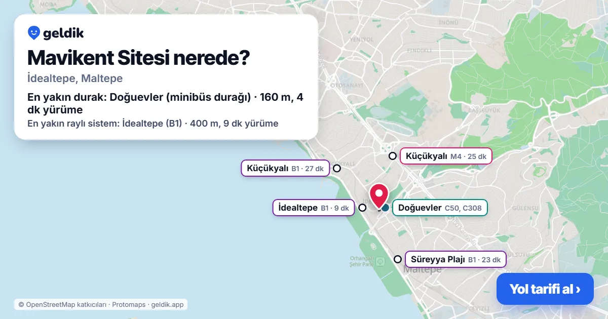 Mavikent Sitesi nerede: haritada konumu ve en yakın duraklar, yürüme süreleriyle