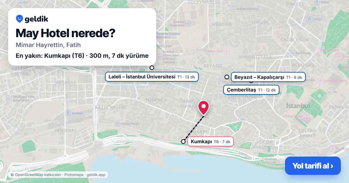 Where is May Hotel: map with its location and the nearest stops, with walking times