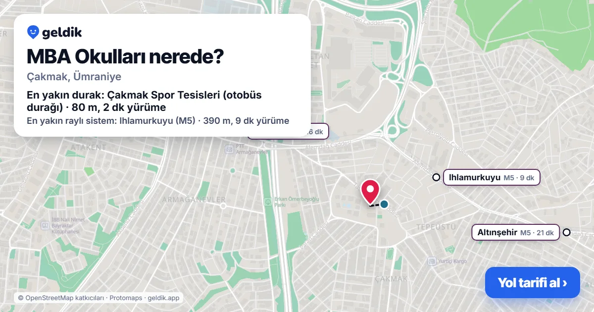 Where is MBA Okulları: map with its location and the nearest stops, with walking times