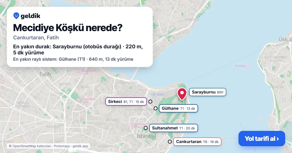 Mecidiye Köşkü nerede: haritada konumu ve en yakın duraklar, yürüme süreleriyle