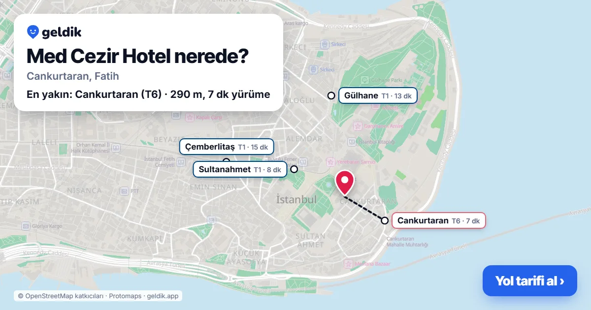 Where is Med Cezir Hotel: map with its location and the nearest stops, with walking times