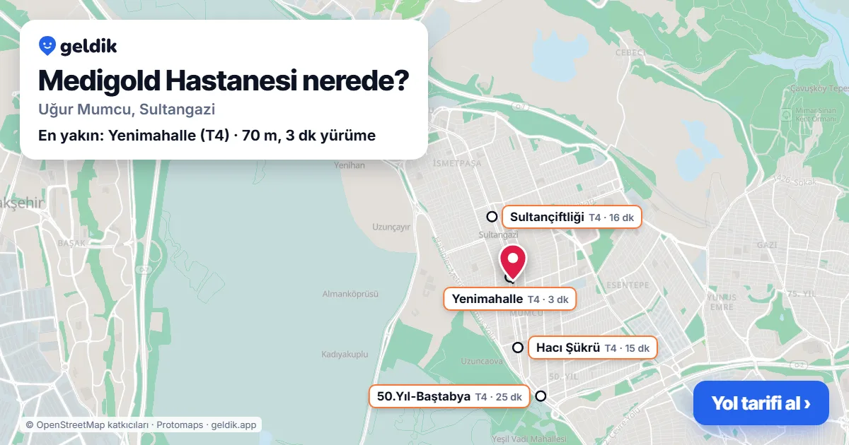 Medigold Hastanesi nerede: haritada konumu ve en yakın duraklar, yürüme süreleriyle