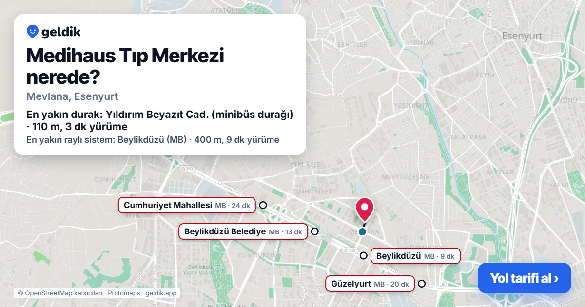 Where is Medihaus Tıp Merkezi: map with its location and the nearest stops, with walking times