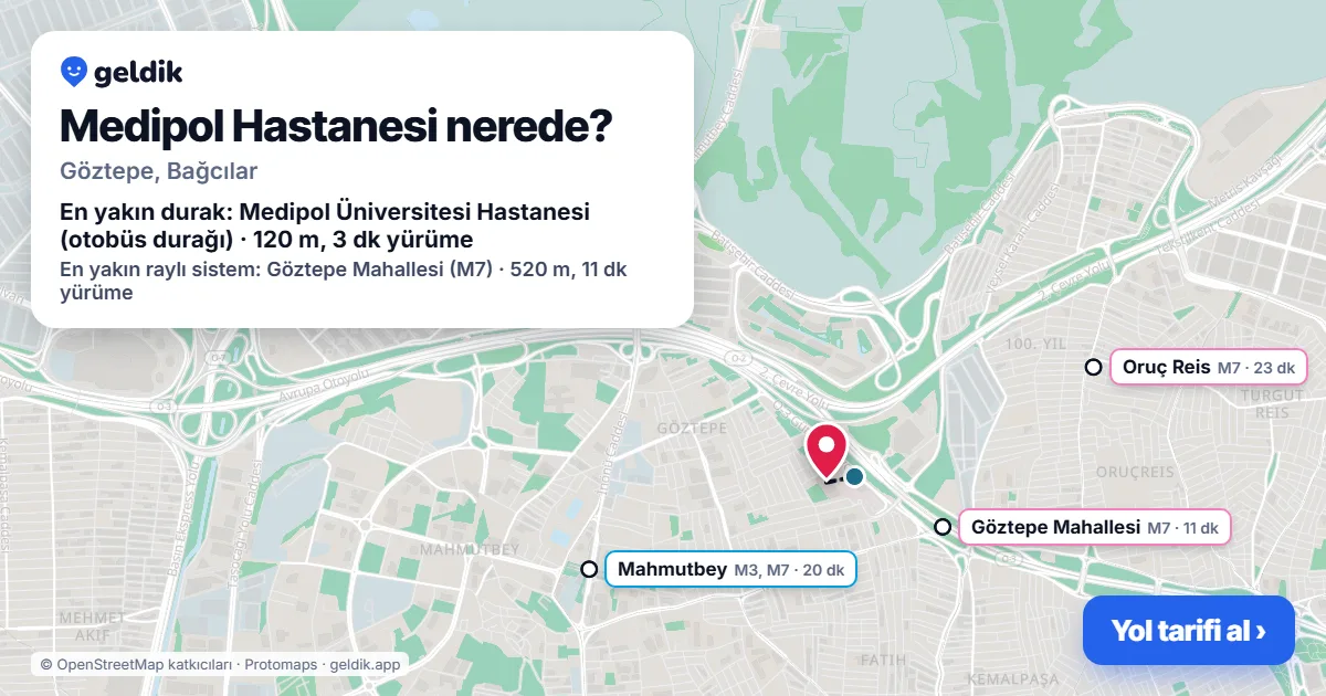 Medipol Hastanesi nerede: haritada konumu ve en yakın duraklar, yürüme süreleriyle