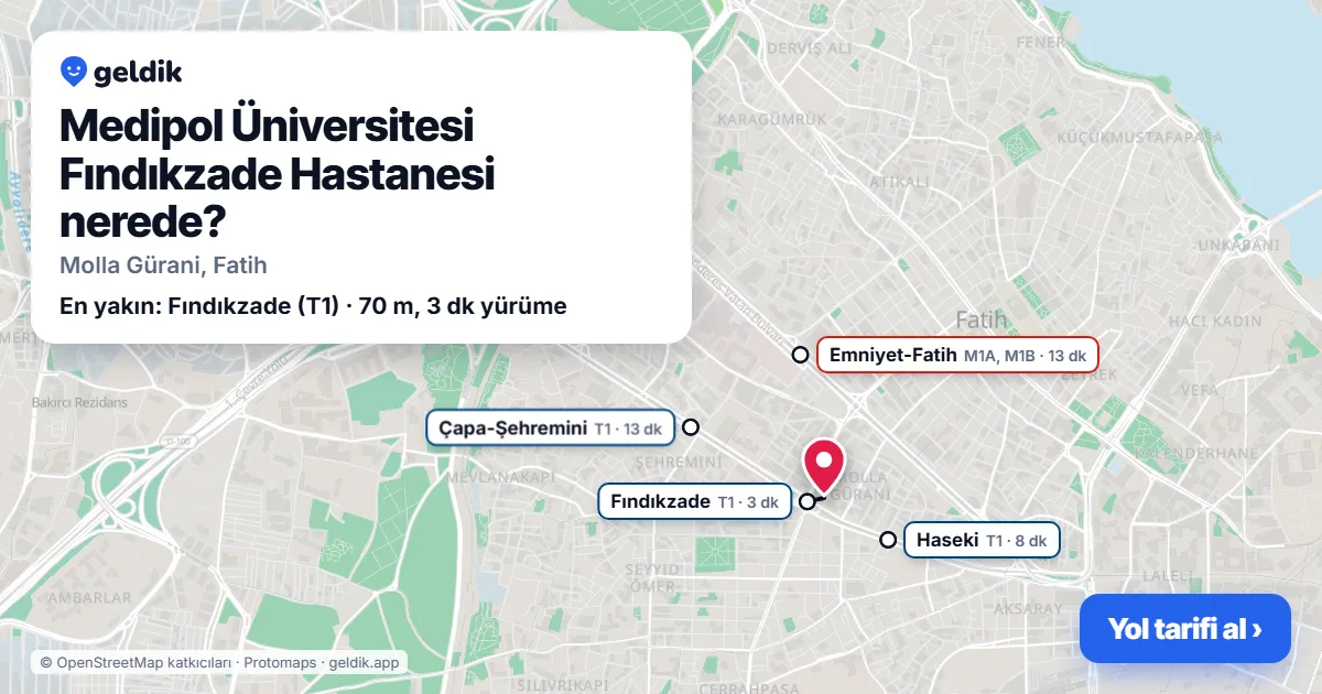 Medipol Üniversitesi Fındıkzade Hastanesi nerede: haritada konumu ve en yakın duraklar, yürüme süreleriyle