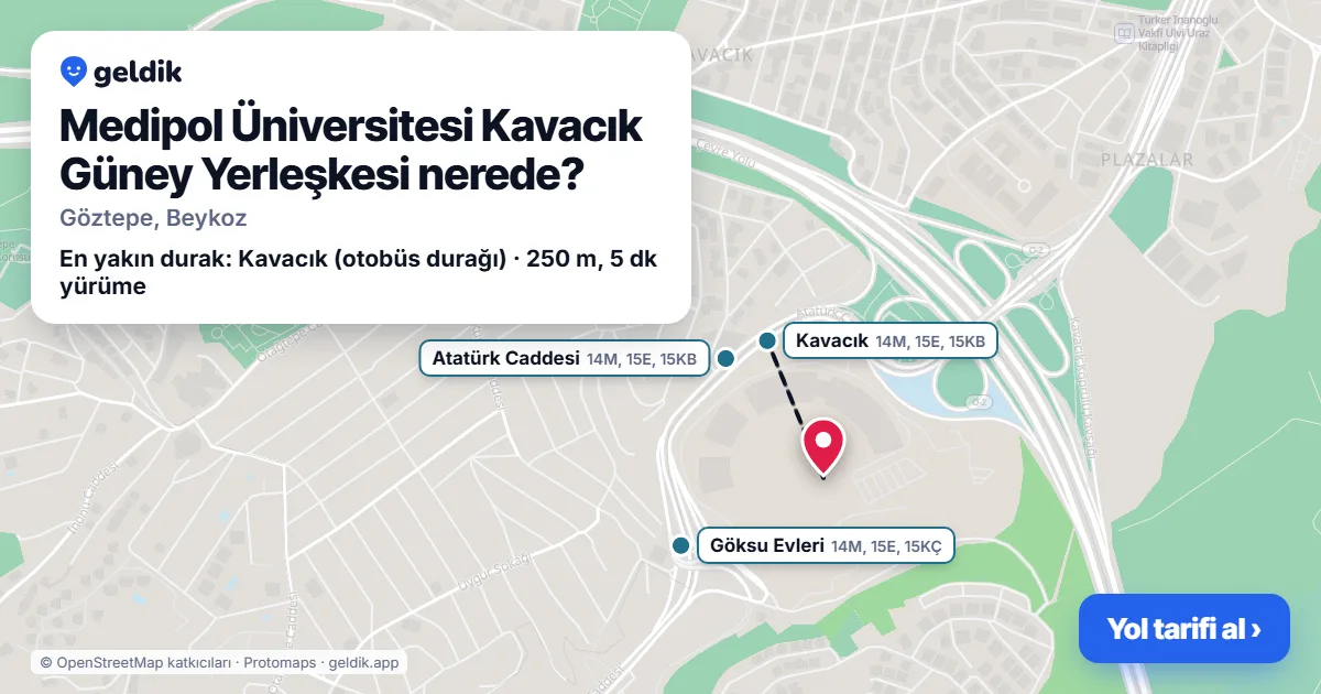 Medipol Üniversitesi Kavacık Güney Yerleşkesi nerede: haritada konumu ve en yakın duraklar, yürüme süreleriyle