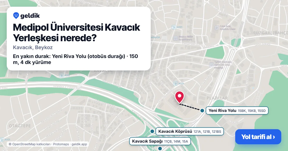 Medipol Üniversitesi Kavacık Yerleşkesi nerede: haritada konumu ve en yakın duraklar, yürüme süreleriyle