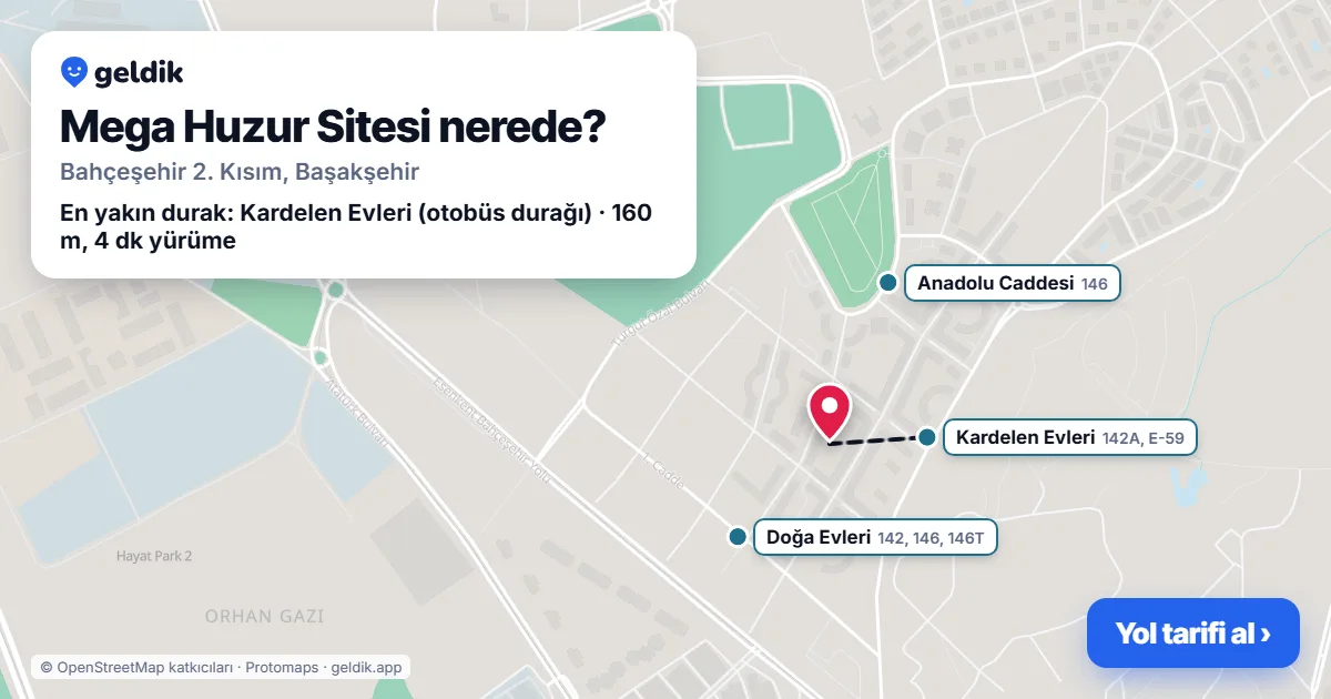 Where is Mega Huzur Sitesi: map with its location and the nearest stops, with walking times