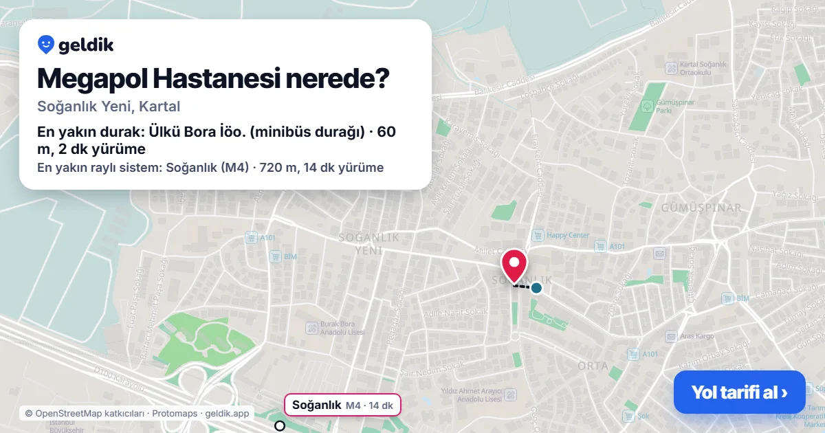 Where is Megapol Hastanesi: map with its location and the nearest stops, with walking times