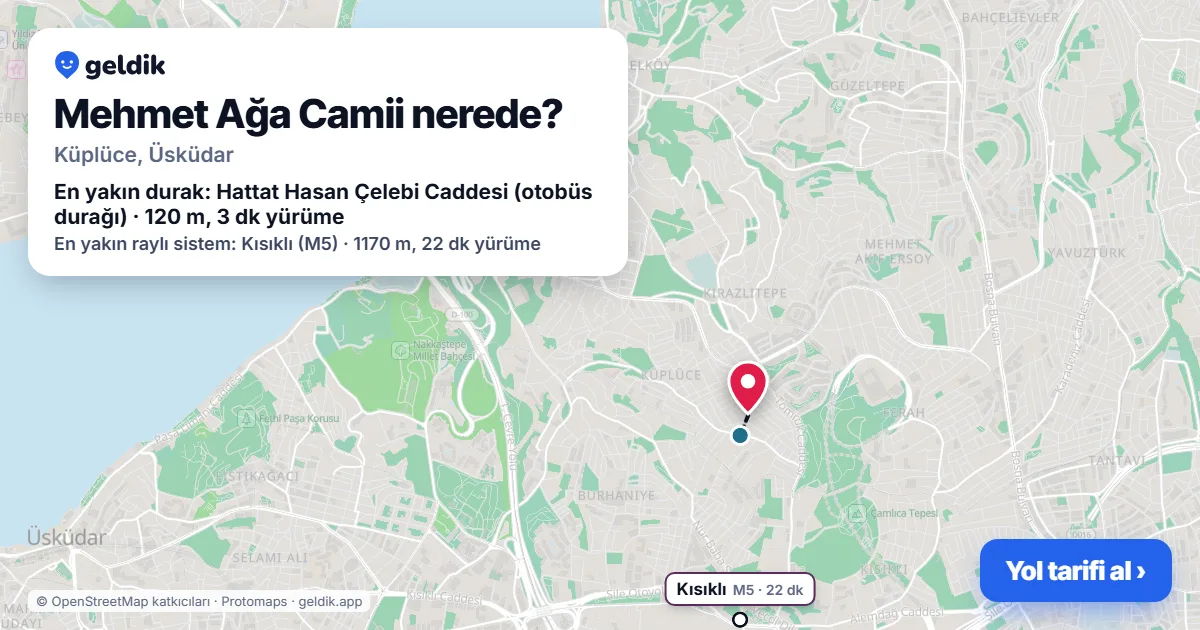 Mehmet Ağa Camii nerede: haritada konumu ve en yakın duraklar, yürüme süreleriyle