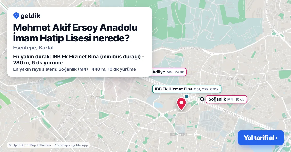 Mehmet Akif Ersoy Anadolu İmam Hatip Lisesi nerede: haritada konumu ve en yakın duraklar, yürüme süreleriyle