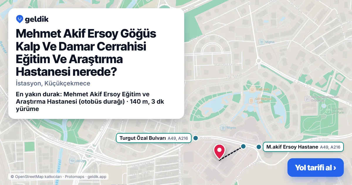 Mehmet Akif Ersoy Göğüs Kalp Ve Damar Cerrahisi Eğitim Ve Araştırma Hastanesi nerede: haritada konumu ve en yakın duraklar, yürüme süreleriyle
