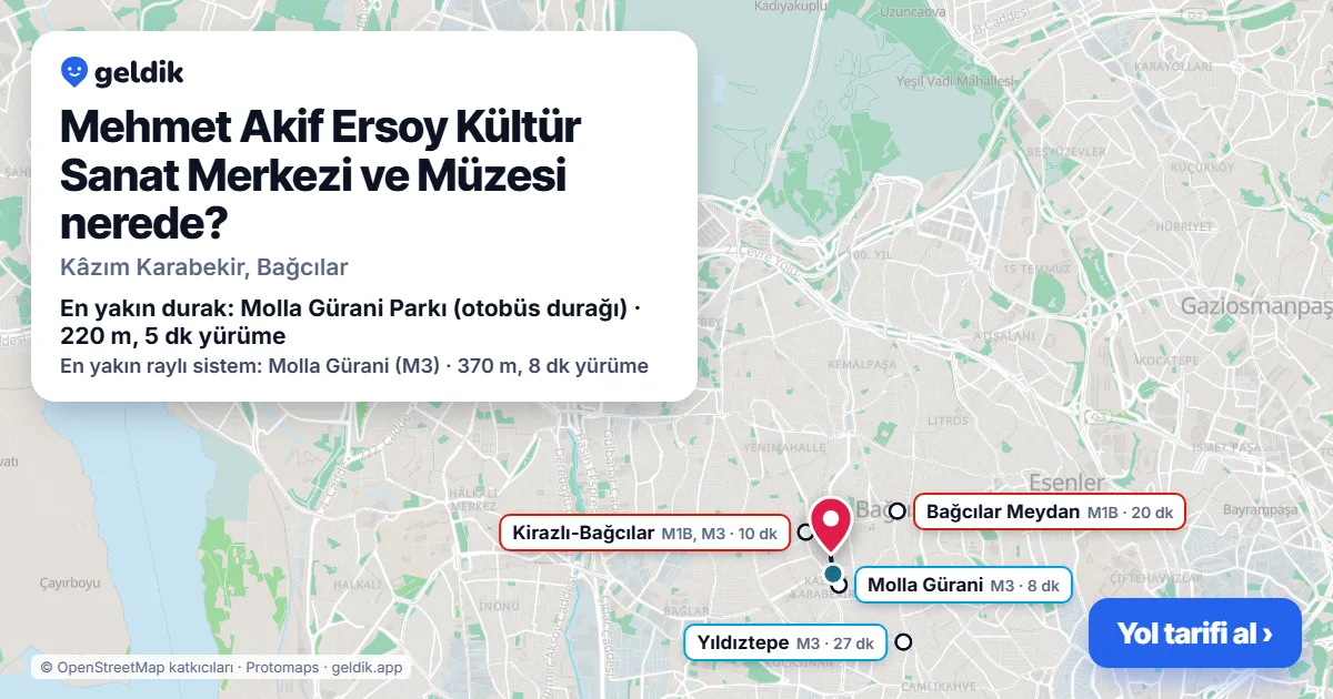 Where is Mehmet Akif Ersoy Kültür Sanat Merkezi ve Müzesi: map with its location and the nearest stops, with walking times