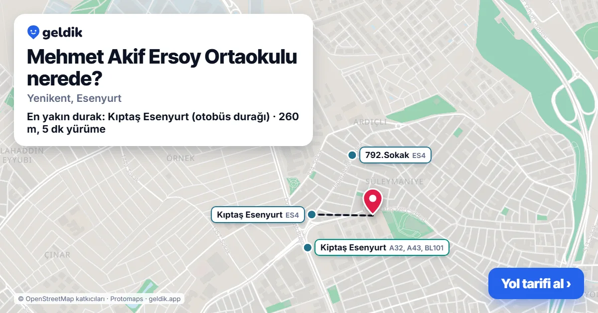 Where is Mehmet Akif Ersoy Ortaokulu: map with its location and the nearest stops, with walking times