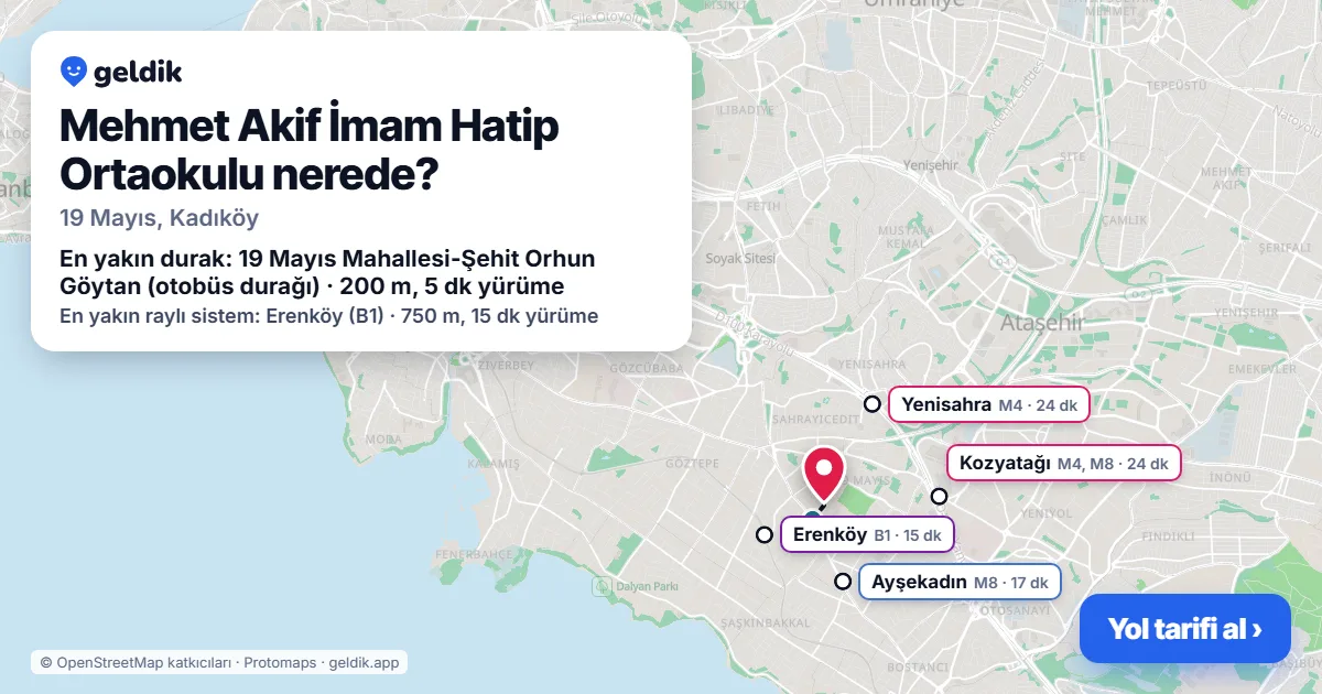Where is Mehmet Akif İmam Hatip Ortaokulu: map with its location and the nearest stops, with walking times