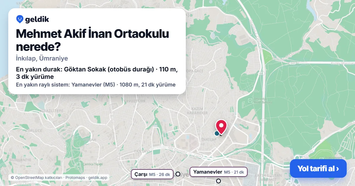 Where is Mehmet Akif İnan Ortaokulu: map with its location and the nearest stops, with walking times