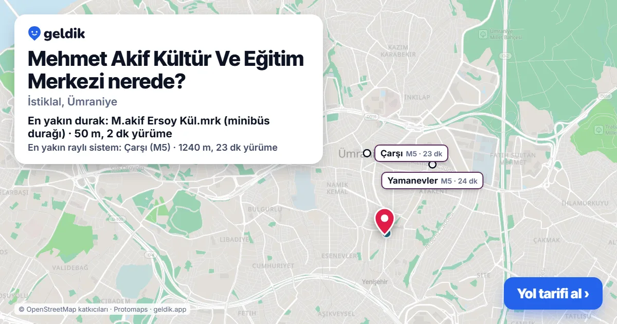 Mehmet Akif Kültür Ve Eğitim Merkezi nerede: haritada konumu ve en yakın duraklar, yürüme süreleriyle