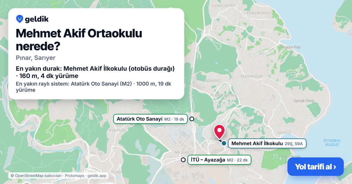 Where is Mehmet Akif Ortaokulu: map with its location and the nearest stops, with walking times
