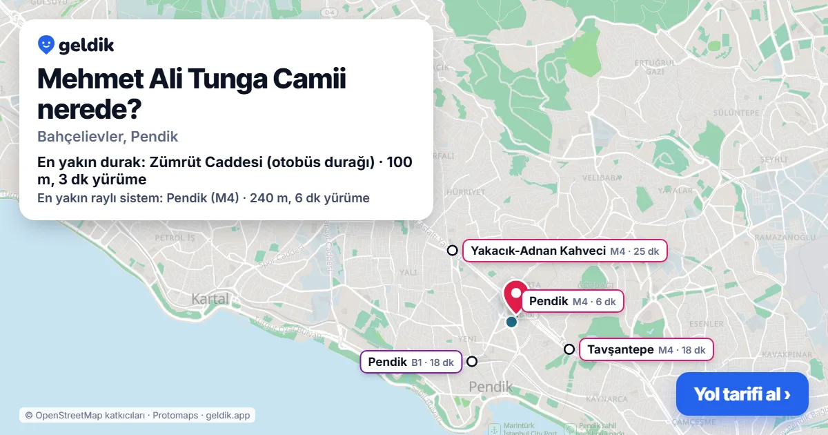 Where is Mehmet Ali Tunga Camii: map with its location and the nearest stops, with walking times