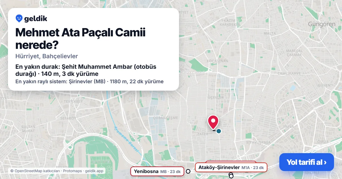 Mehmet Ata Paçalı Camii nerede: haritada konumu ve en yakın duraklar, yürüme süreleriyle