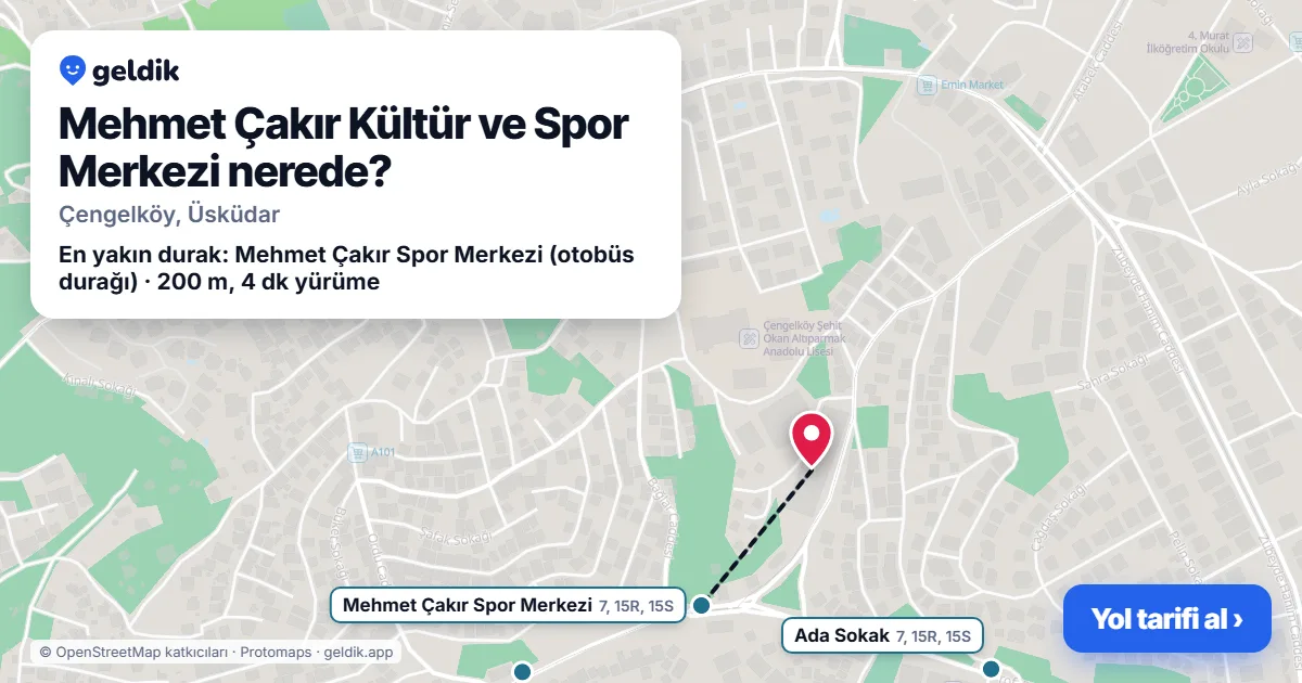 Mehmet Çakır Kültür ve Spor Merkezi nerede: haritada konumu ve en yakın duraklar, yürüme süreleriyle