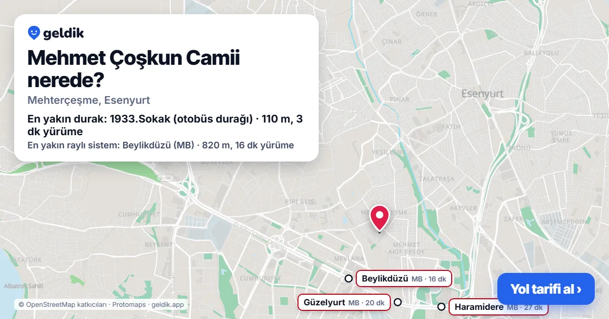 Mehmet Çoşkun Camii nerede: haritada konumu ve en yakın duraklar, yürüme süreleriyle