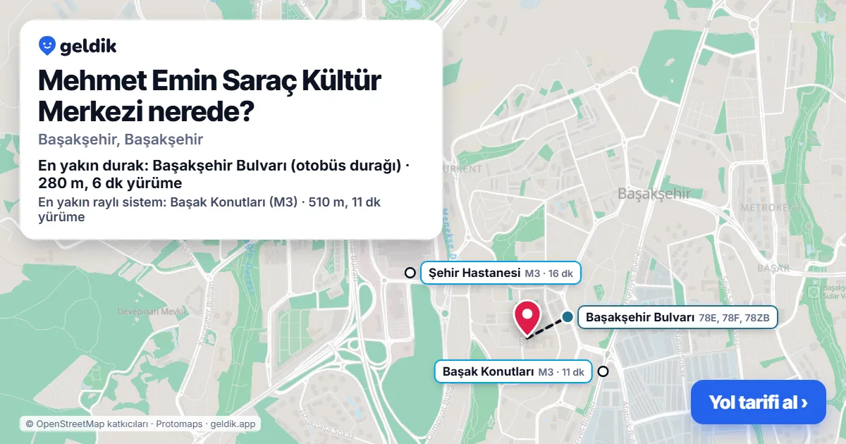 Where is Mehmet Emin Saraç Kültür Merkezi: map with its location and the nearest stops, with walking times