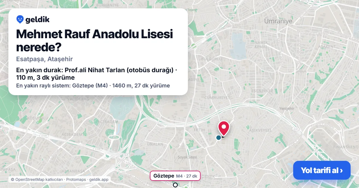 Mehmet Rauf Anadolu Lisesi nerede: haritada konumu ve en yakın duraklar, yürüme süreleriyle