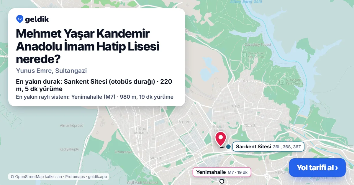 Where is Mehmet Yaşar Kandemir Anadolu İmam Hatip Lisesi: map with its location and the nearest stops, with walking times