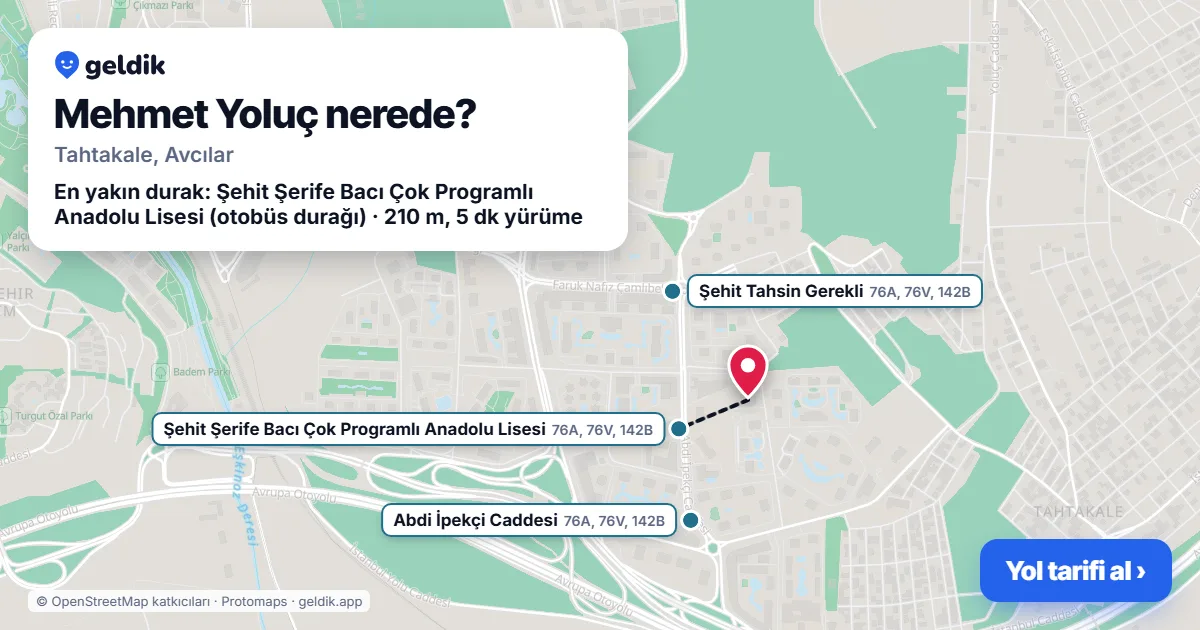 Mehmet Yoluç nerede: haritada konumu ve en yakın duraklar, yürüme süreleriyle