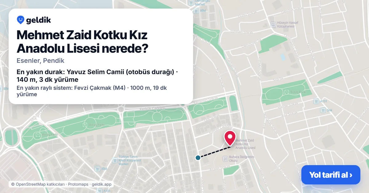Mehmet Zaid Kotku Kız Anadolu Lisesi nerede: haritada konumu ve en yakın duraklar, yürüme süreleriyle