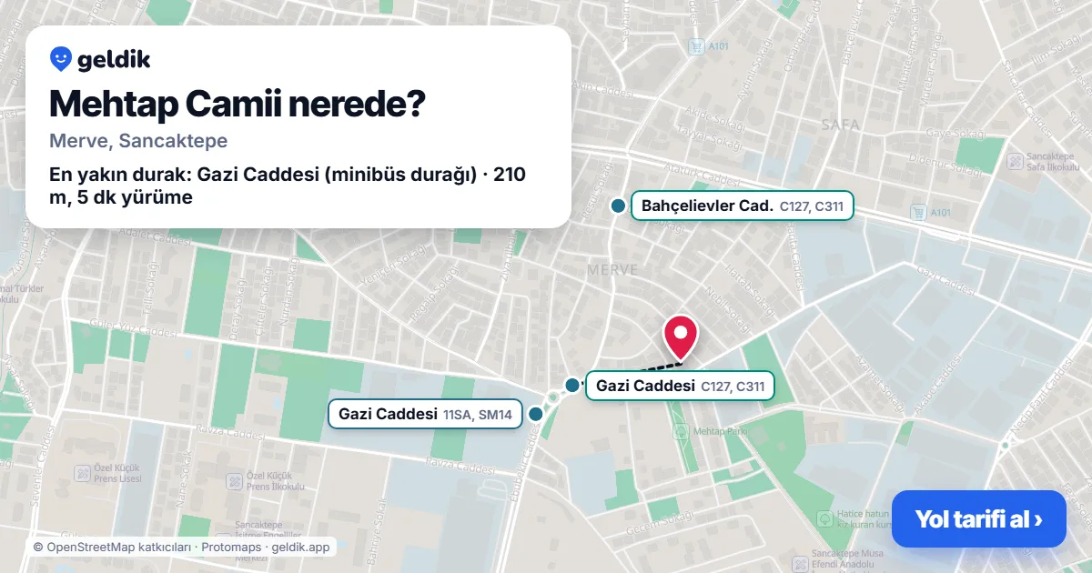 Where is Mehtap Camii: map with its location and the nearest stops, with walking times