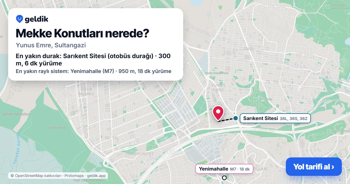 Mekke Konutları nerede: haritada konumu ve en yakın duraklar, yürüme süreleriyle