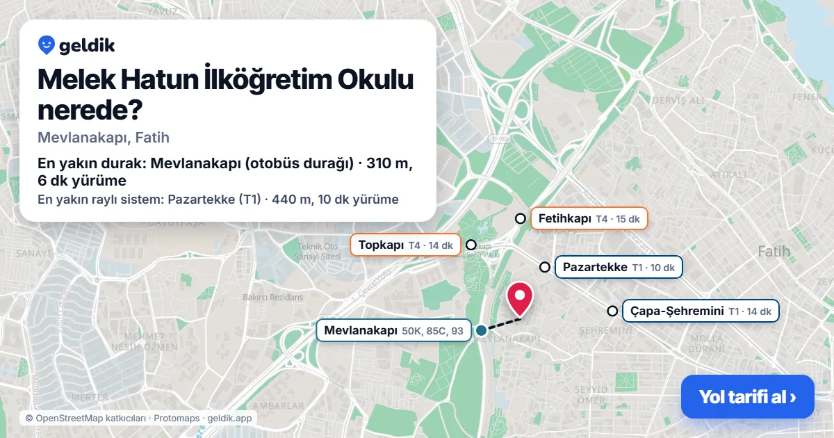 Melek Hatun İlköğretim Okulu nerede: haritada konumu ve en yakın duraklar, yürüme süreleriyle