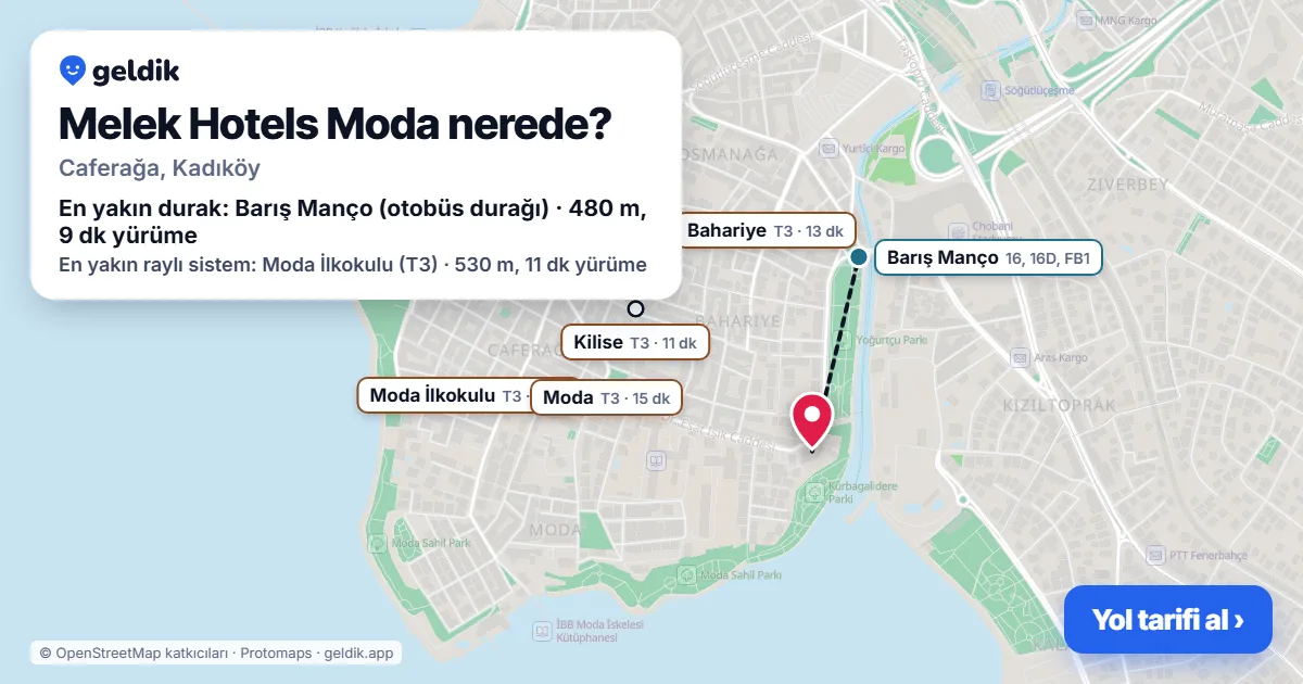 Where is Melek Hotels Moda: map with its location and the nearest stops, with walking times