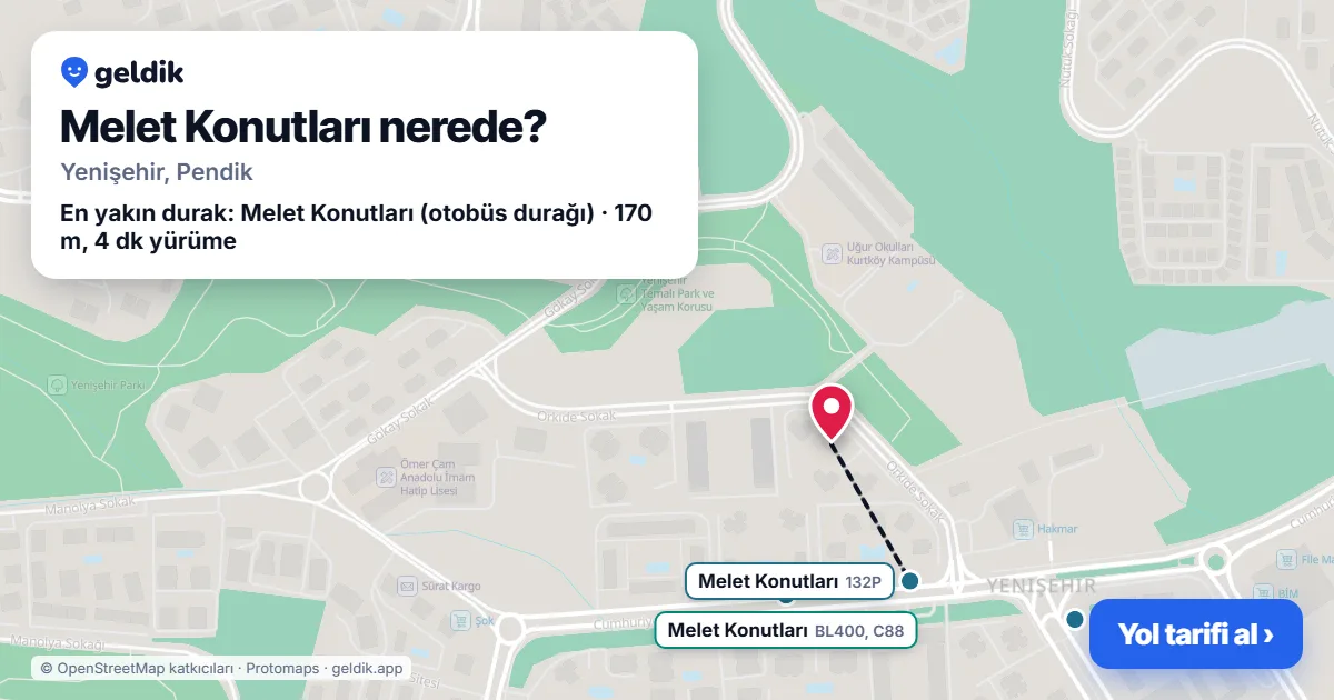 Melet Konutları nerede: haritada konumu ve en yakın duraklar, yürüme süreleriyle