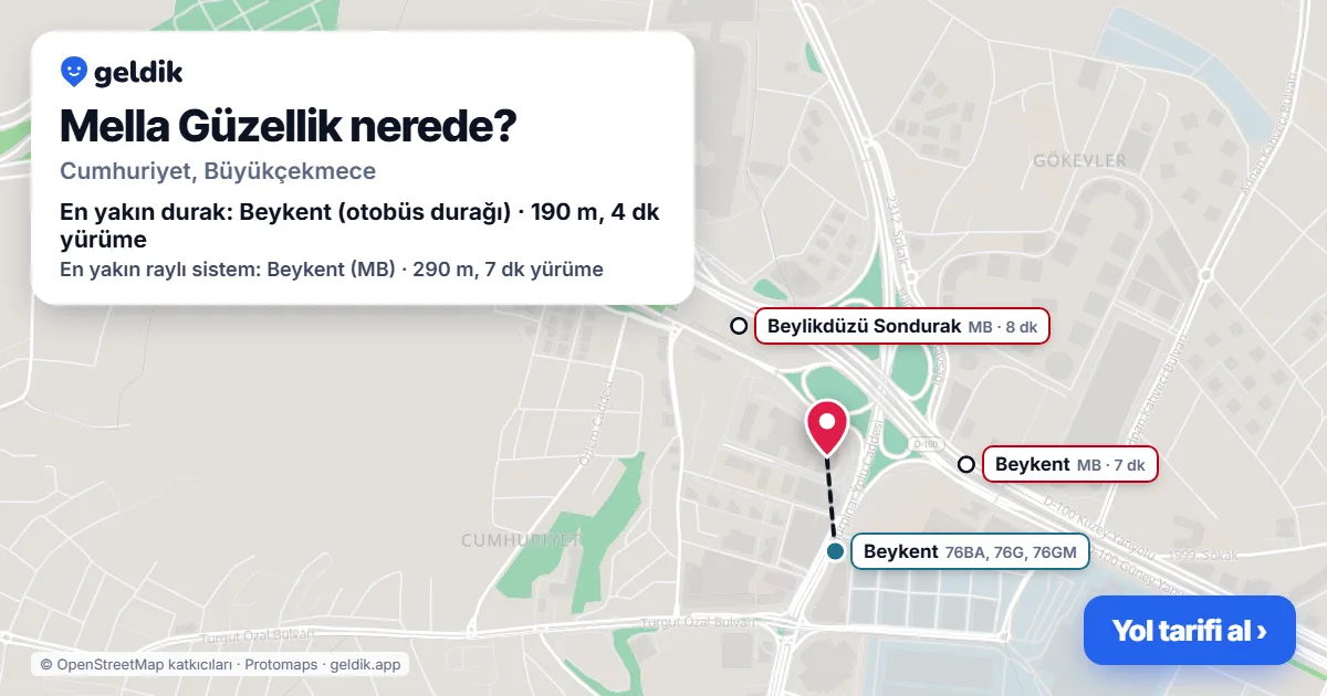 Mella Güzellik nerede: haritada konumu ve en yakın duraklar, yürüme süreleriyle