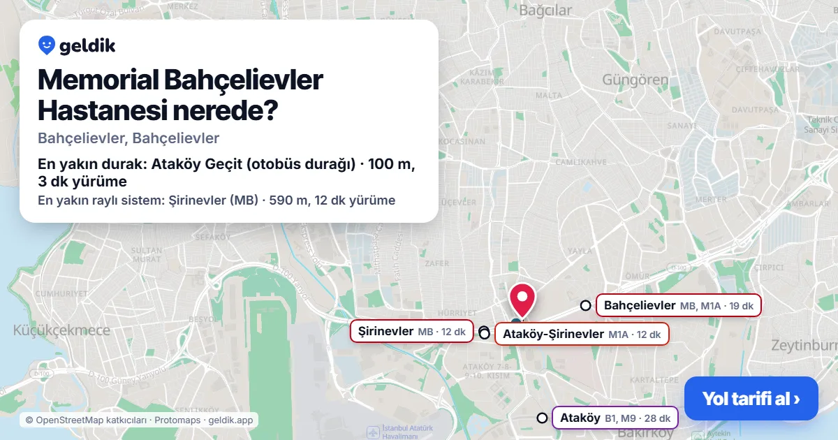 Memorial Bahçelievler Hastanesi nerede: haritada konumu ve en yakın duraklar, yürüme süreleriyle
