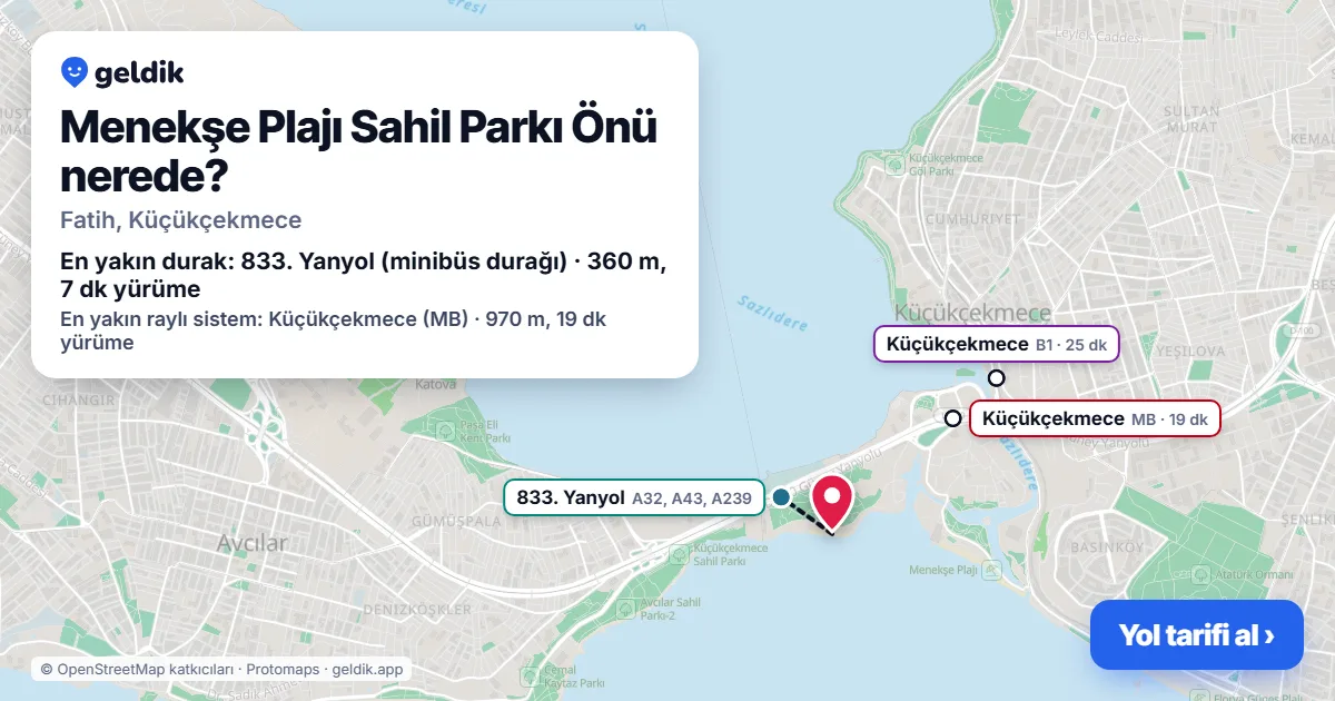 Menekşe Plajı Sahil Parkı Önü nerede: haritada konumu ve en yakın duraklar, yürüme süreleriyle