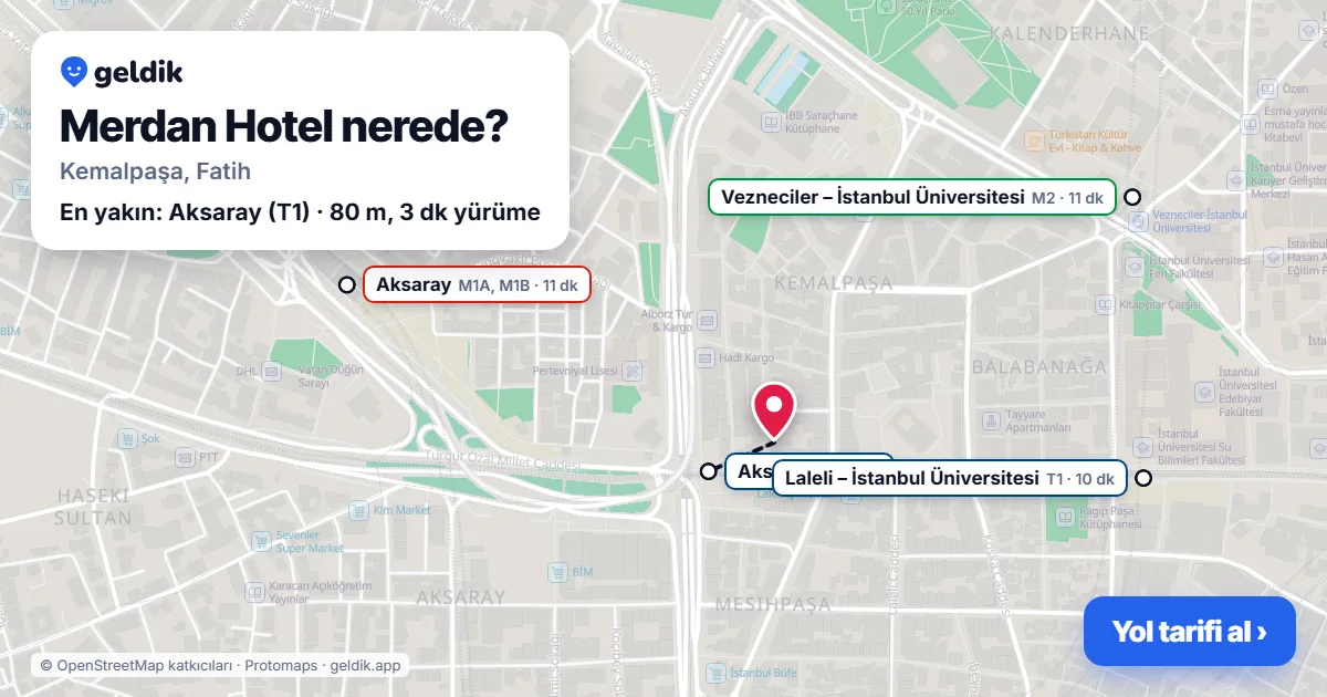 Where is Merdan Hotel: map with its location and the nearest stops, with walking times