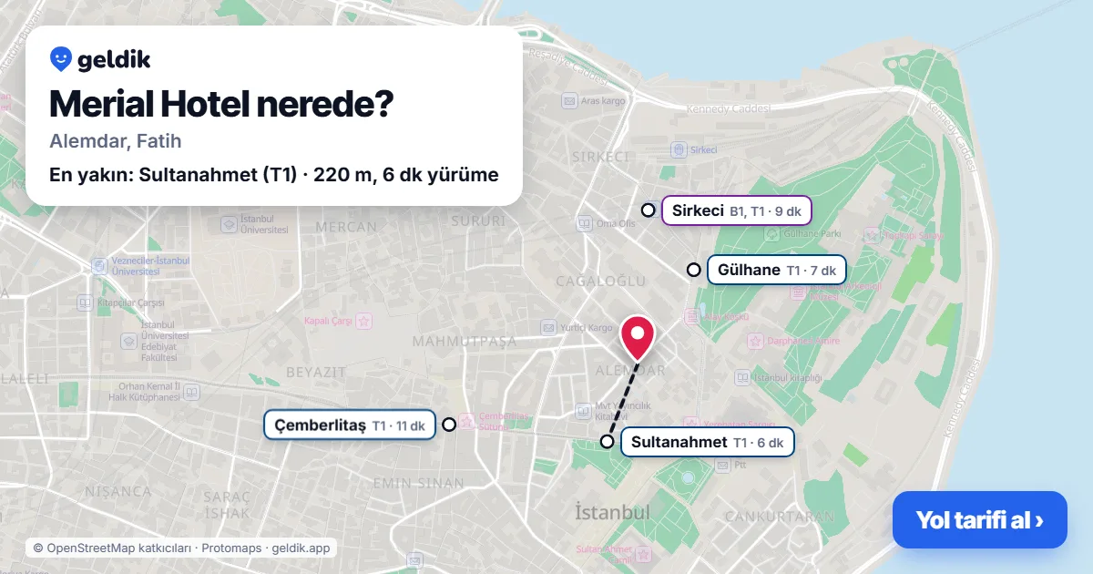 Merial Hotel nerede: haritada konumu ve en yakın duraklar, yürüme süreleriyle